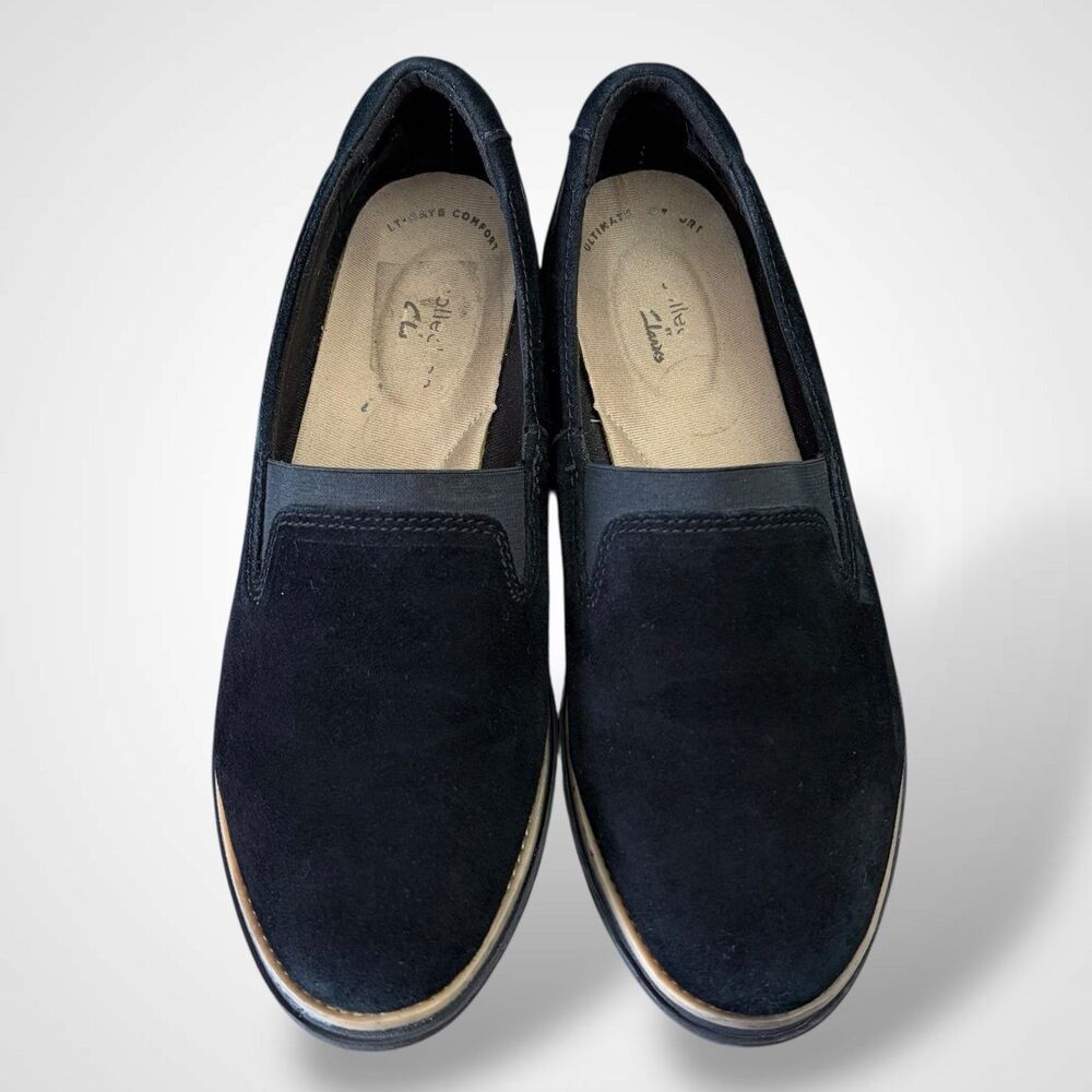 Clarks Women Wedge Loafers Sharon Dolly Shoes Size 6.5 M Black Suede Academia - Picture 2 of 7